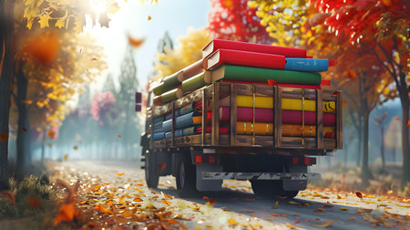 Cargo truck full of colorful exercise books on the road in the autumn countryside and sunset in the background. Back to School, Cargo and shipping concept.の素材
