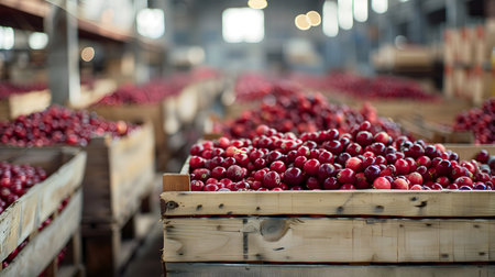 Cranberries harvested in wooden boxes in a warehouse. Natural organic fruit abundance. Healthy and natural food storing and shipping concept.の素材
