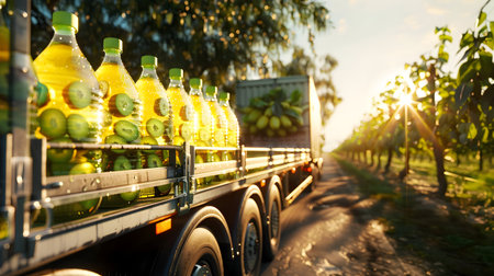 Cargo truck carrying bottles with kiwi juice in an orchard with sunset. Concept of food and drink production, transportation, cargo and shipping.の素材