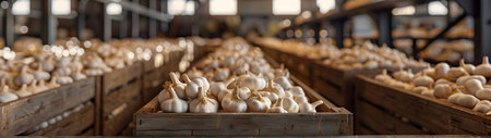 Garlic harvested in wooden boxes in a warehouse. Natural organic fruit abundance. Healthy and natural food storing and shipping concept.の素材