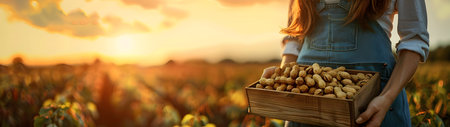 Beautiful young farmer woman holding a wooden box full of peanuts standing in the field with sunset. Concept of healthy lifestyle, local farming and beauty.の素材