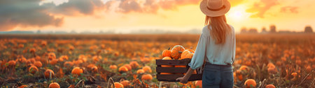 Beautiful young farmer woman holding a wooden box full of pumpkin vegetable standing in the field with sunset. Concept of healthy lifestyle, local farming and beauty.の素材