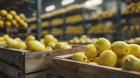 Lemons harvested in wooden boxes in a warehouse. Natural organic fruit abundance. Healthy and natural food storing and shipping concept.の素材