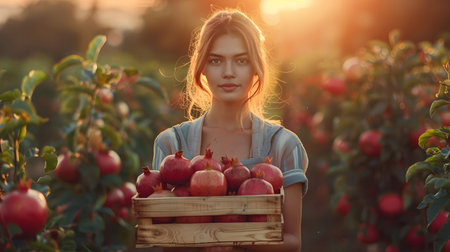 Beautiful young farmer woman holding a wooden box full of pomegranate fruits standing in the field with sunset. Concept of healthy lifestyle, local farming and beauty.の素材