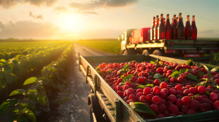 Cargo truck carrying bottles with raspberry juice in an orchard with sunset. Concept of food and drink production, transportation, cargo and shipping.の素材