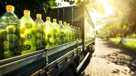 Cargo truck carrying bottles with kiwi juice in an orchard with sunset. Concept of food and drink production, transportation, cargo and shipping.の素材