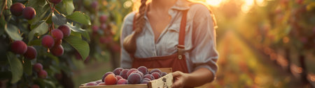 Beautiful young farmer woman holding a wooden box full of fresh round plum fruits standing in the orchard with sunset. Concept of healthy lifestyle, local farming and beauty.の素材