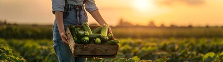 Beautiful young farmer woman holding a wooden box full of green zucchini vegetable standing in the field with sunset. Concept of healthy lifestyle, local farming and beauty.の素材
