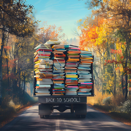 Cargo truck full of colorful exercise books on the road in the autumn countryside and sunset in the background. Back to School, Cargo and shipping concept.の素材