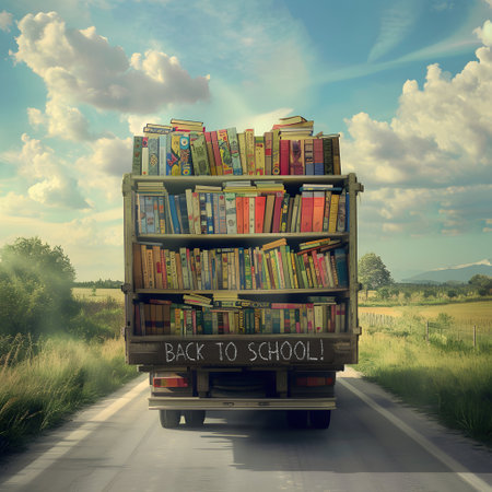 Cargo truck full of books on the road in the countryside and sunset in the background. Back to School, Cargo and shipping concept.の素材