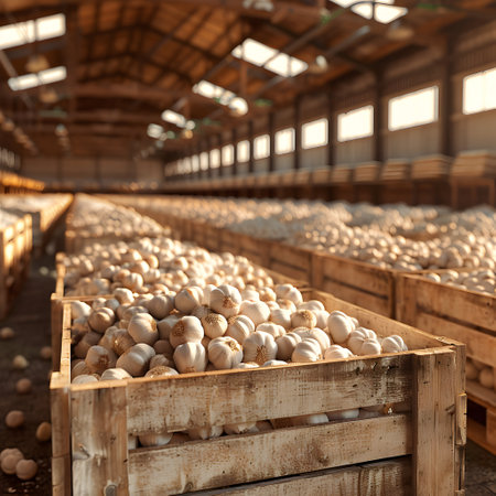 Garlic harvested in wooden boxes in a warehouse. Natural organic fruit abundance. Healthy and natural food storing and shipping concept.の素材
