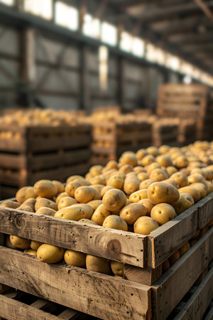 Potatoes harvested in wooden boxes in a warehouse. Natural organic fruit abundance. Healthy and natural food storing and shipping concept.の素材