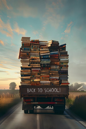Cargo truck full of books on the road in the countryside and sunset in the background. Back to School, Cargo and shipping concept.の素材
