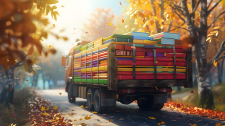 Cargo truck full of colorful exercise books on the road in the autumn countryside and sunset in the background. Back to School, Cargo and shipping concept.の素材