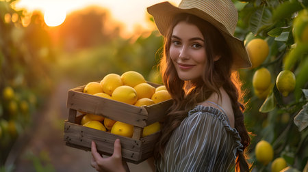 Beautiful young farmer woman holding a wooden box full of fresh lemon fruits standing in the plantation with sunset. Concept of healthy lifestyle, local farming and beauty.の素材