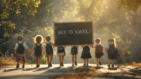 Group of children carrying a big blackboard with chalk written text BACK TO SCHOOL.の素材