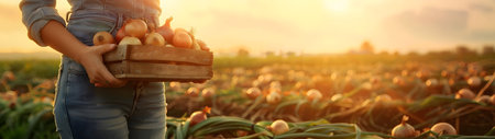 Beautiful young farmer woman holding a wooden box full of yellow onions vegetable standing in the field with sunset. Concept of healthy lifestyle, local farming and beauty.の素材