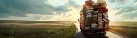Cargo truck full of books on the road in the countryside and sunset in the background. Back to School, Cargo and shipping concept.の素材