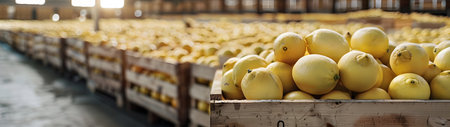 Lemons harvested in wooden boxes in a warehouse. Natural organic fruit abundance. Healthy and natural food storing and shipping concept.の素材