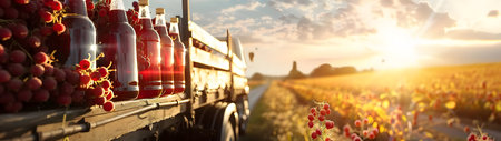 Cargo truck carrying bottles with raspberry juice in an orchard with sunset. Concept of food and drink production, transportation, cargo and shipping.の素材