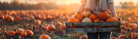 Beautiful young farmer woman holding a wooden box full of pumpkin vegetable standing in the field with sunset. Concept of healthy lifestyle, local farming and beauty.の素材