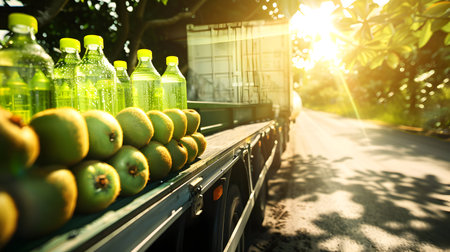 Cargo truck carrying bottles with kiwi juice in an orchard with sunset. Concept of food and drink production, transportation, cargo and shipping.の素材