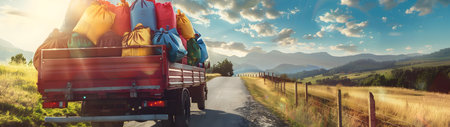 Cargo truck full of colorful bags on the road in the countryside and sunset.の素材