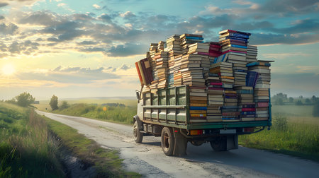 Cargo truck full of books on the road in the countryside and sunset in the background. Back to School, Cargo and shipping concept.の素材