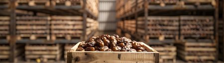 Dates harvested in wooden boxes in a warehouse. Natural organic fruit abundance. Healthy and natural food storing and shipping concept.の素材