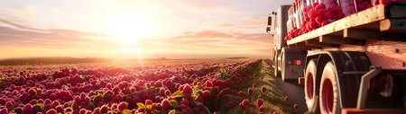 Cargo truck carrying bottles with raspberry juice in an orchard with sunset. Concept of food and drink production, transportation, cargo and shipping.の素材
