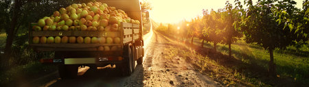 Cargo truck carrying yellow apples on the road in an orchard with sunset. Concept of food production, transportation, cargo and shipping.の素材