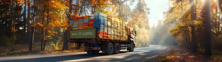 Cargo truck full of colorful exercise books on the road in the autumn countryside and sunset in the background. Back to School, Cargo and shipping concept.の素材