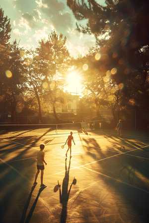 Group of children playing tennis on the beach with sea and sun shining in the background.の素材