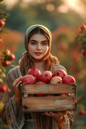 Beautiful young farmer woman holding a wooden box full of pomegranate fruits standing in the field with sunset. Concept of healthy lifestyle, local farming and beauty.の素材