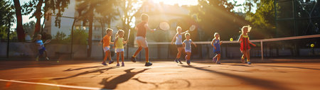 Group of children playing tennis on the beach with sea and sun shining in the background.の素材