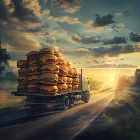 Cargo truck full of hamburgers on the road in the american countryside and sunset. Concept of high quality food products, cargo and shipping.の素材