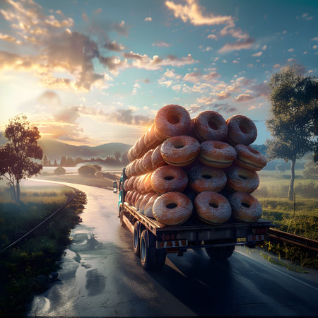 Cargo truck full of donuts on the road in the french countryside and sunset. Concept of high quality food products, cargo and shipping.の素材