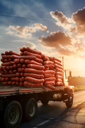 Cargo truck full of sausages on the road in the american countryside and sunset. Concept of high quality food products, cargo and shipping.の素材