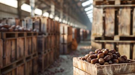 Dates harvested in wooden boxes in a warehouse. Natural organic fruit abundance. Healthy and natural food storing and shipping concept.の素材