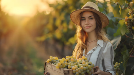 Beautiful young farmer woman holding a wooden box full of white grape fruit standing in the field with sunset. Concept of healthy lifestyle, local farming and beauty.の素材