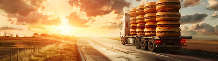 Cargo truck full of hamburgers on the road in the american countryside and sunset. Concept of high quality food products, cargo and shipping.の素材