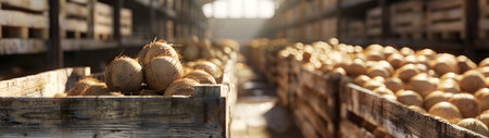 Coconuts harvested in wooden boxes in a warehouse. Natural organic fruit abundance. Healthy and natural food storing and shipping concept.の素材