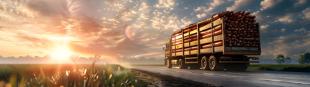 Cargo truck full of sausages on the road in the american countryside and sunset. Concept of high quality food products, cargo and shipping.の素材