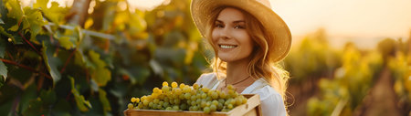 Beautiful young farmer woman holding a wooden box full of white grape fruit standing in the field with sunset. Concept of healthy lifestyle, local farming and beauty.の素材
