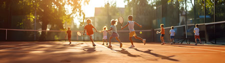 Group of children playing tennis on the beach with sea and sun shining in the background.の素材