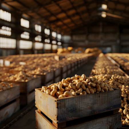 Cashew nuts harvested in wooden boxes in a warehouse. Natural organic fruit abundance. Healthy and natural food storing and shipping concept.の素材