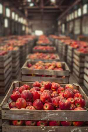 Red apples harvested in wooden boxes in a warehouse. Natural organic fruit abundance. Healthy and natural food storing and shipping concept.の素材