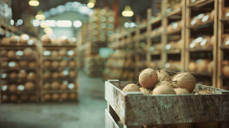 Coconuts harvested in wooden boxes in a warehouse. Natural organic fruit abundance. Healthy and natural food storing and shipping concept.の素材