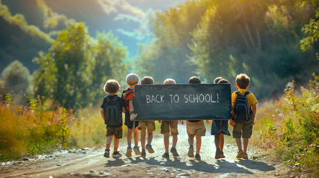 Group of children carrying a big blackboard with chalk written text BACK TO SCHOOL.の素材