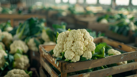 Cauliflower harvested in wooden boxes in a warehouse. Natural organic vegetable abundance. Healthy and natural food storing and shipping concept.の素材